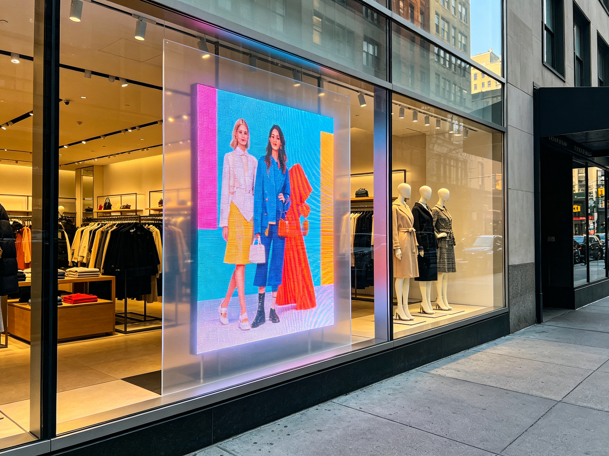 Retail storefront window with transparent LED display showing clothing advertising