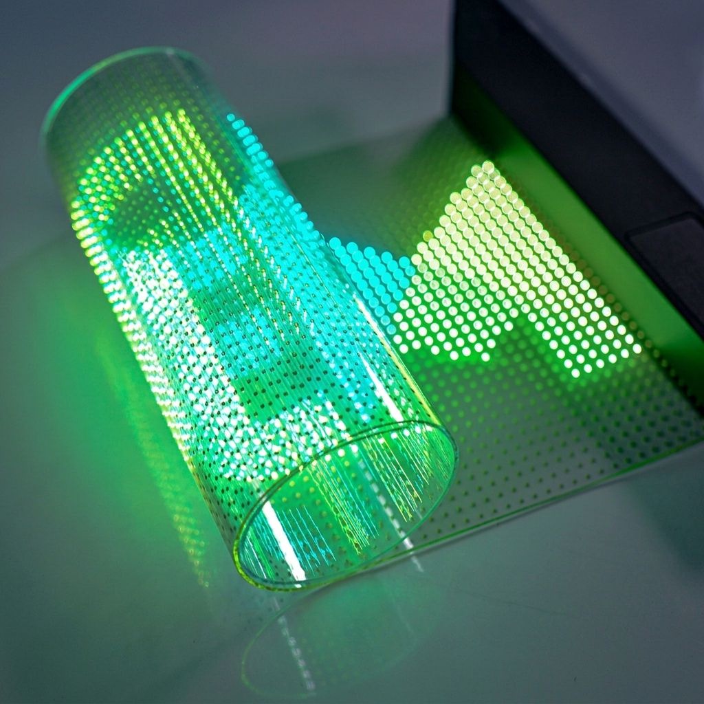 Rolled transparent LED film showing green display
