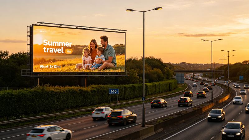 D96 digital 96 sheet billboard beside a UK motorway at dusk