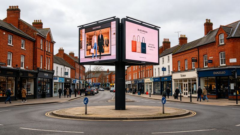 Double-sided D96 billboard at an English town centre roundabout